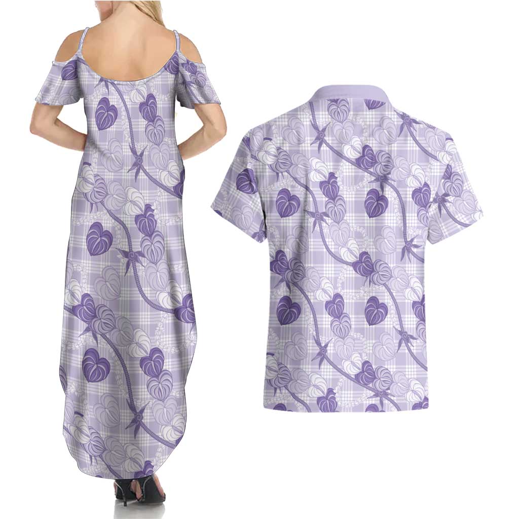 Anthurium Pikake Ti Leaf Palaka Couples Matching Summer Maxi Dress and Hawaiian Shirt Purple Version LT01 - Polynesian Pride