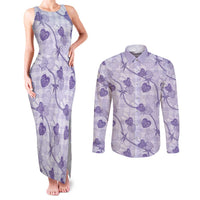 Anthurium Pikake Ti Leaf Palaka Couples Matching Tank Maxi Dress and Long Sleeve Button Shirt Purple Version