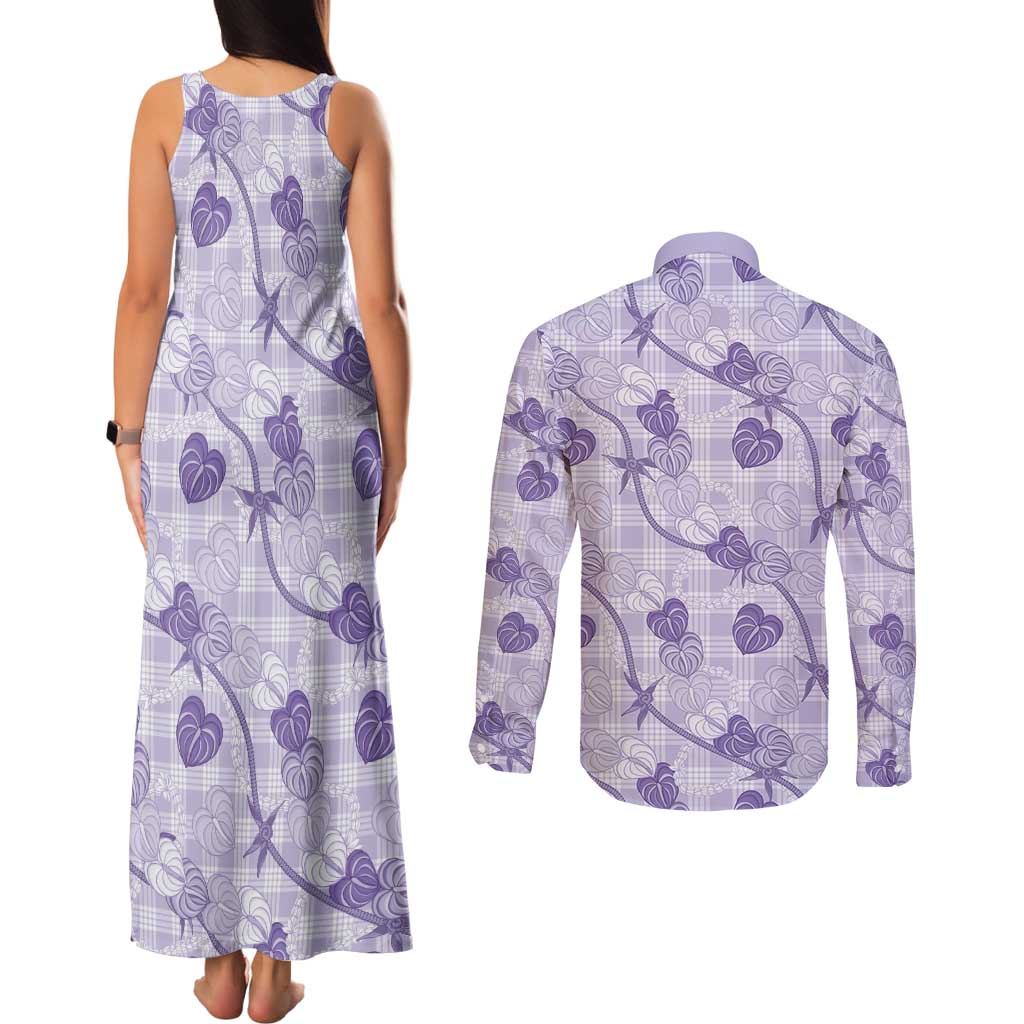 Anthurium Pikake Ti Leaf Palaka Couples Matching Tank Maxi Dress and Long Sleeve Button Shirt Purple Version