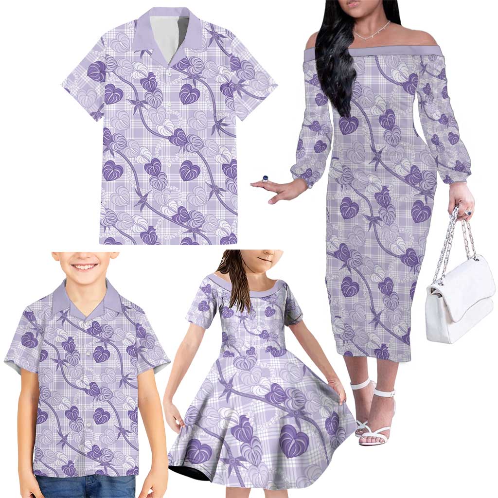 Anthurium Pikake Ti Leaf Palaka Family Matching Off The Shoulder Long Sleeve Dress and Hawaiian Shirt Purple Version LT01 - Polynesian Pride