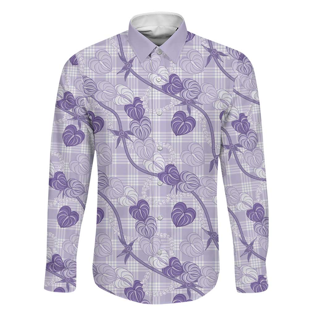 Anthurium Pikake Ti Leaf Palaka Family Matching Off Shoulder Maxi Dress and Hawaiian Shirt Purple Version LT01 Dad's Shirt - Long Sleeve Purple - Polynesian Pride