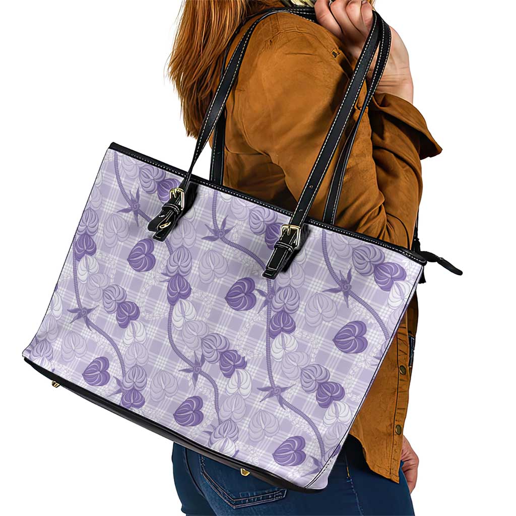 Anthurium Pikake Ti Leaf Palaka Leather Tote Bag Purple Version LT01 - Polynesian Pride