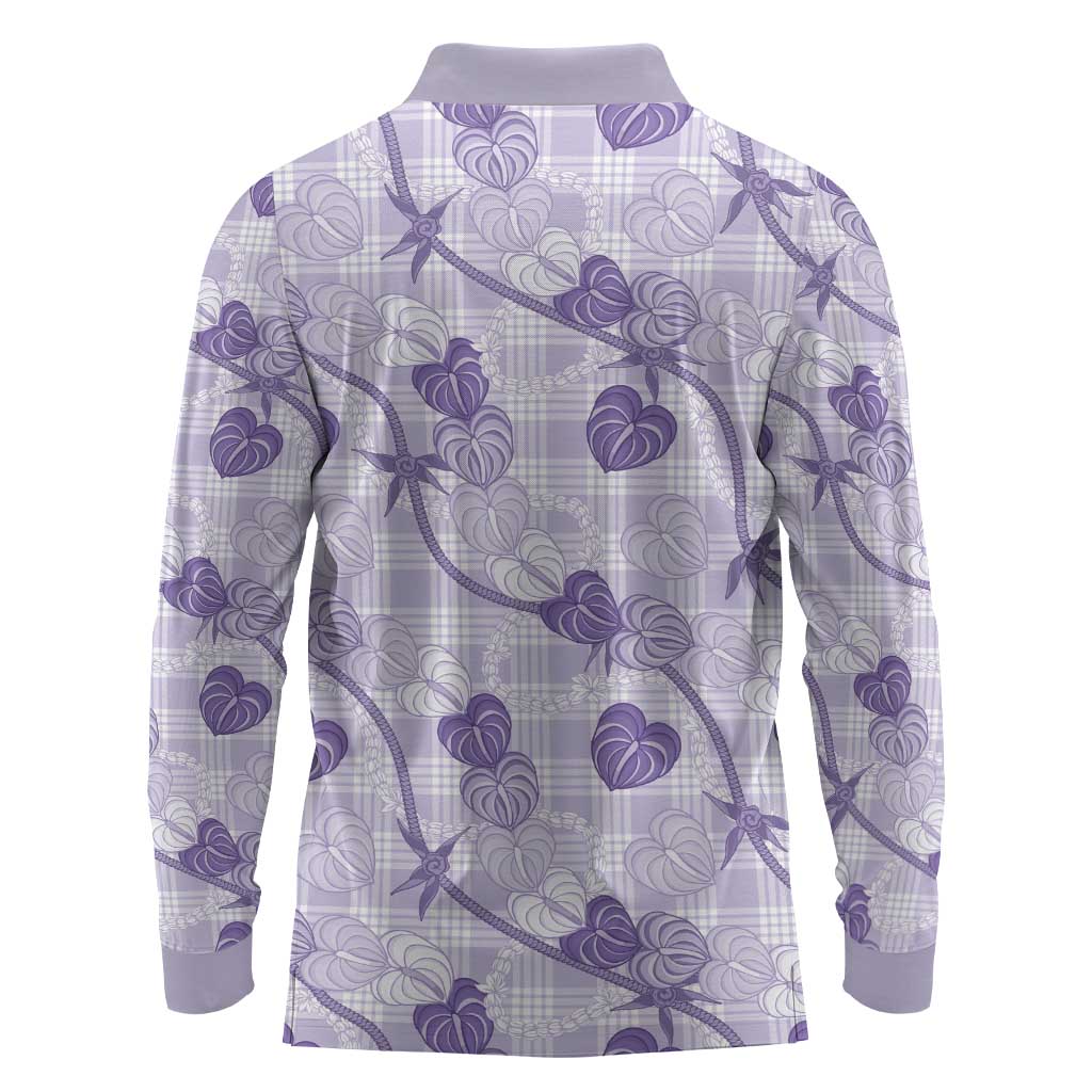 Anthurium Pikake Ti Leaf Palaka Long Sleeve Polo Shirt Purple Version LT01 - Polynesian Pride