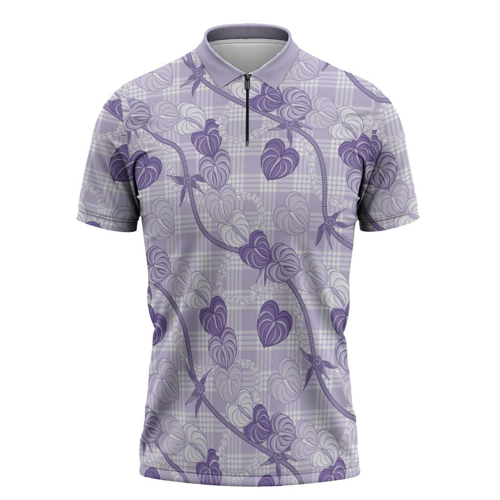Anthurium Pikake Ti Leaf Palaka Zipper Polo Shirt Purple Version LT01 Purple - Polynesian Pride