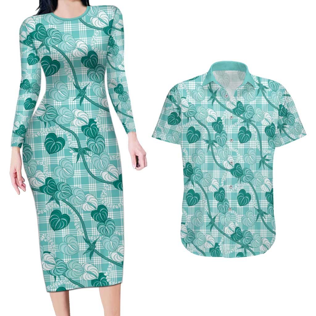 Anthurium Pikake Ti Leaf Palaka Couples Matching Long Sleeve Bodycon Dress and Hawaiian Shirt Turquoise Version LT01 Turquoise - Polynesian Pride