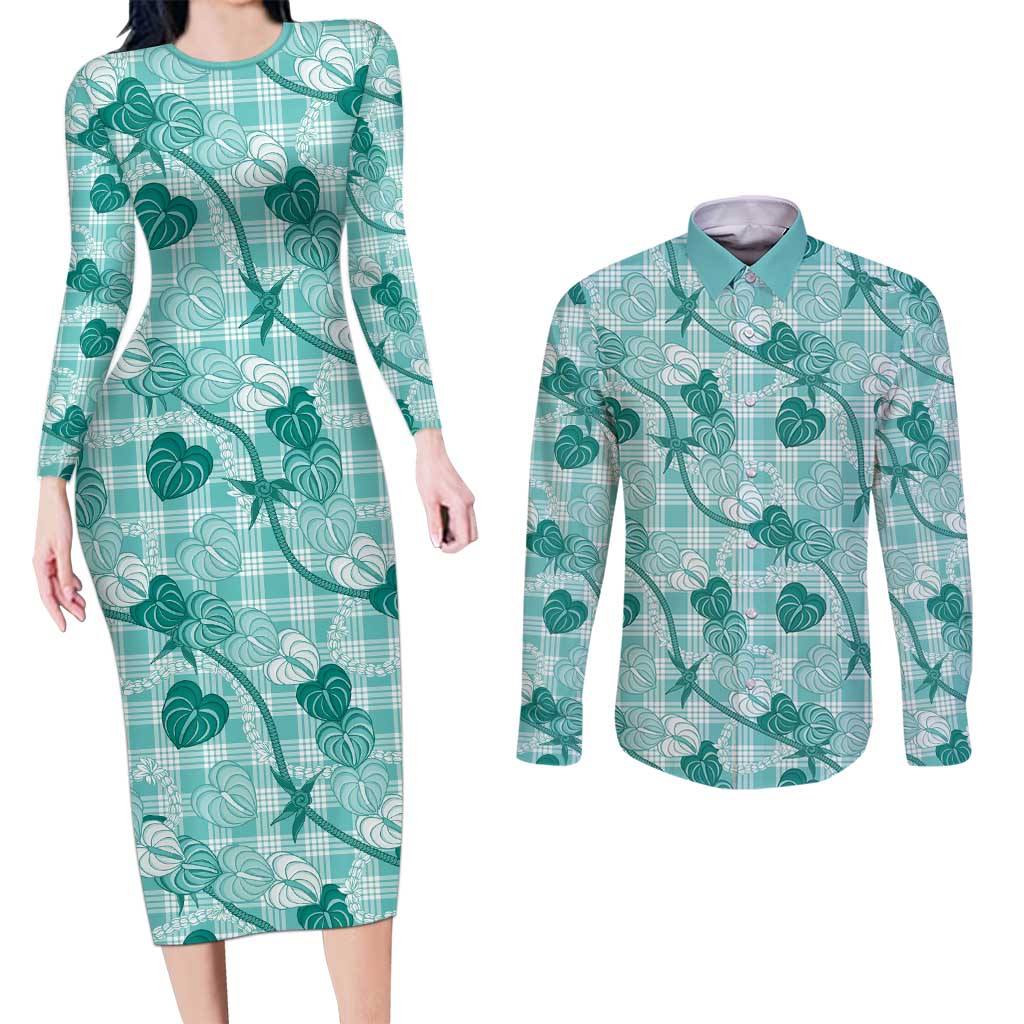 Anthurium Pikake Ti Leaf Palaka Couples Matching Long Sleeve Bodycon Dress and Long Sleeve Button Shirt Turquoise Version LT01 Turquoise - Polynesian Pride