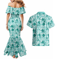 Anthurium Pikake Ti Leaf Palaka Couples Matching Mermaid Dress and Hawaiian Shirt Turquoise Version LT01 - Polynesian Pride