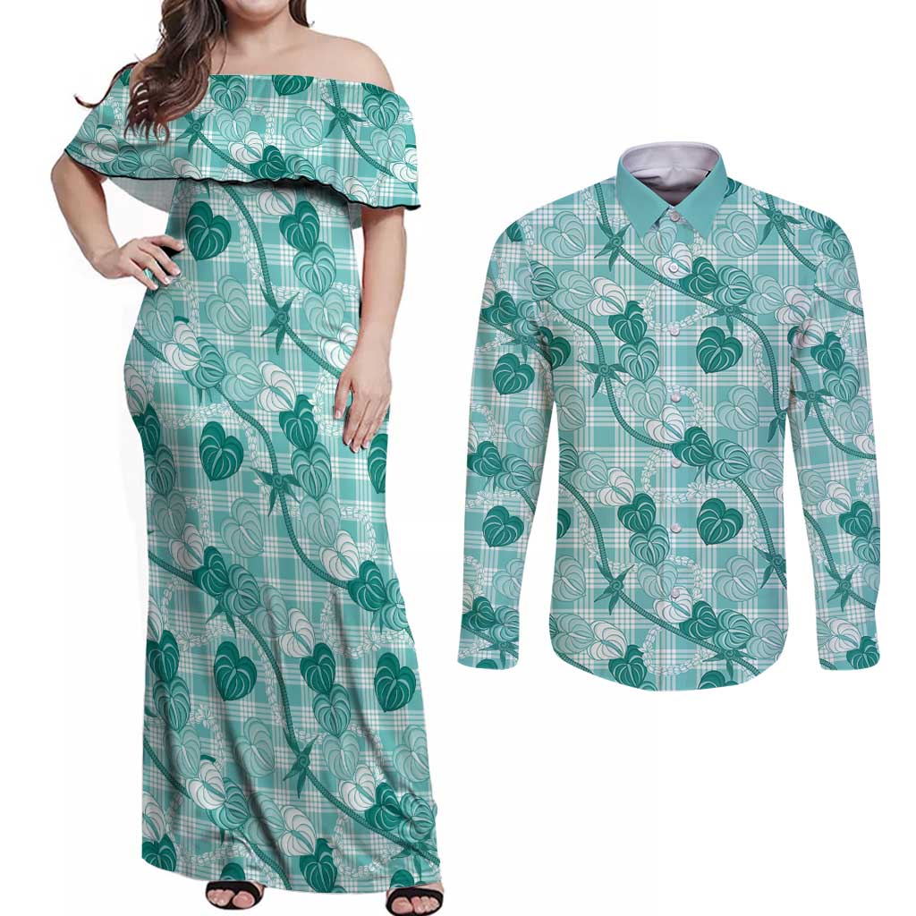 Anthurium Pikake Ti Leaf Palaka Couples Matching Off Shoulder Maxi Dress and Long Sleeve Button Shirt Turquoise Version LT01 Turquoise - Polynesian Pride