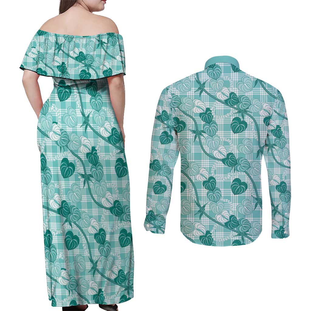 Anthurium Pikake Ti Leaf Palaka Couples Matching Off Shoulder Maxi Dress and Long Sleeve Button Shirt Turquoise Version LT01 - Polynesian Pride