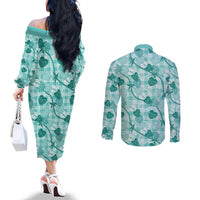 Anthurium Pikake Ti Leaf Palaka Couples Matching Off The Shoulder Long Sleeve Dress and Long Sleeve Button Shirt Turquoise Version LT01 - Polynesian Pride