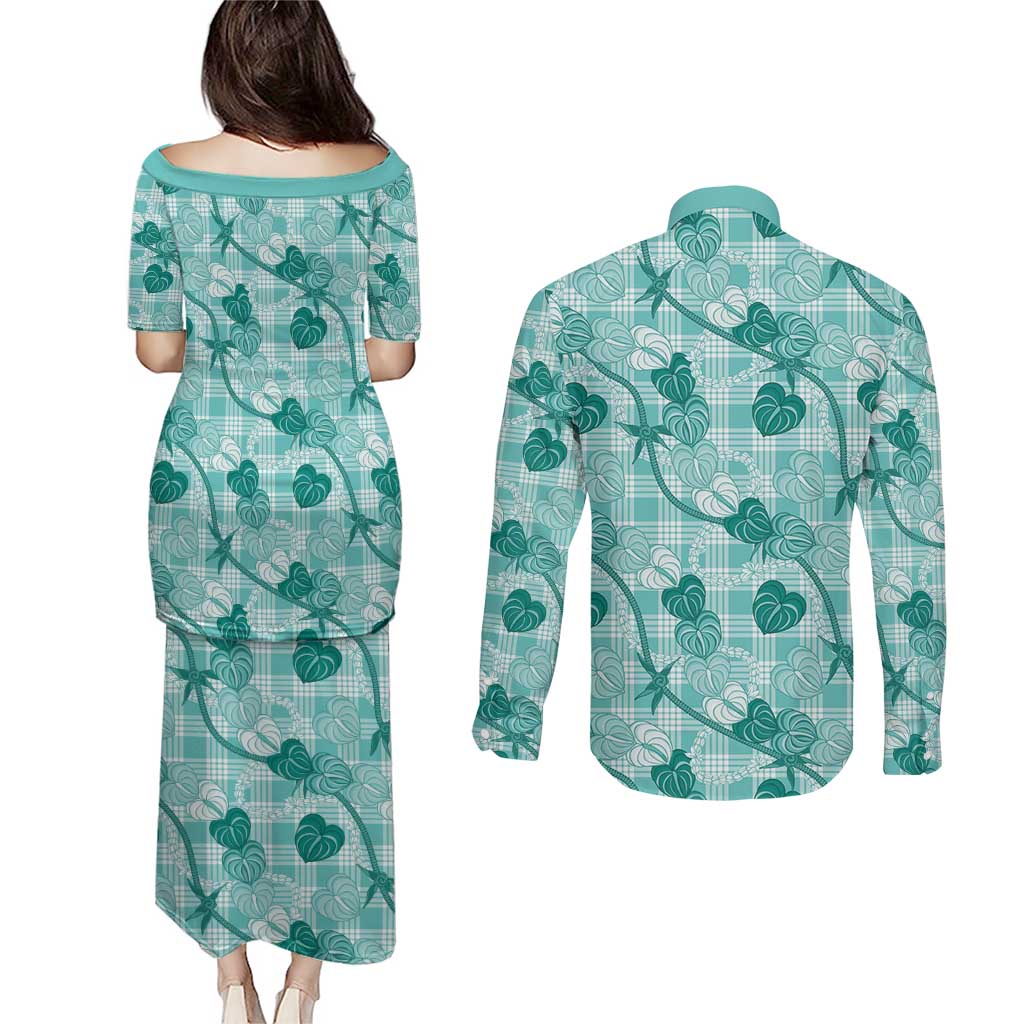 Anthurium Pikake Ti Leaf Palaka Couples Matching Puletasi and Long Sleeve Button Shirt Turquoise Version LT01 - Polynesian Pride