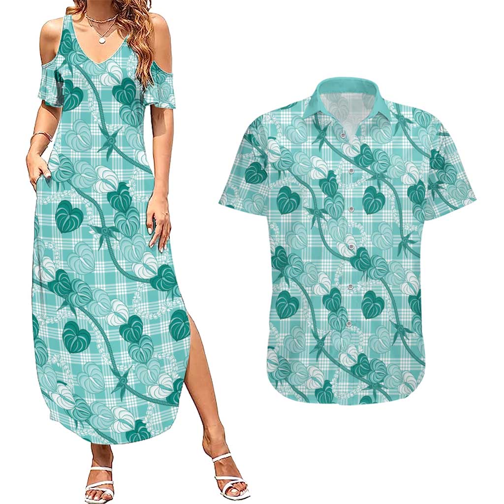 Anthurium Pikake Ti Leaf Palaka Couples Matching Summer Maxi Dress and Hawaiian Shirt Turquoise Version LT01 Turquoise - Polynesian Pride