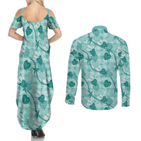 Anthurium Pikake Ti Leaf Palaka Couples Matching Summer Maxi Dress and Long Sleeve Button Shirt Turquoise Version LT01 - Polynesian Pride