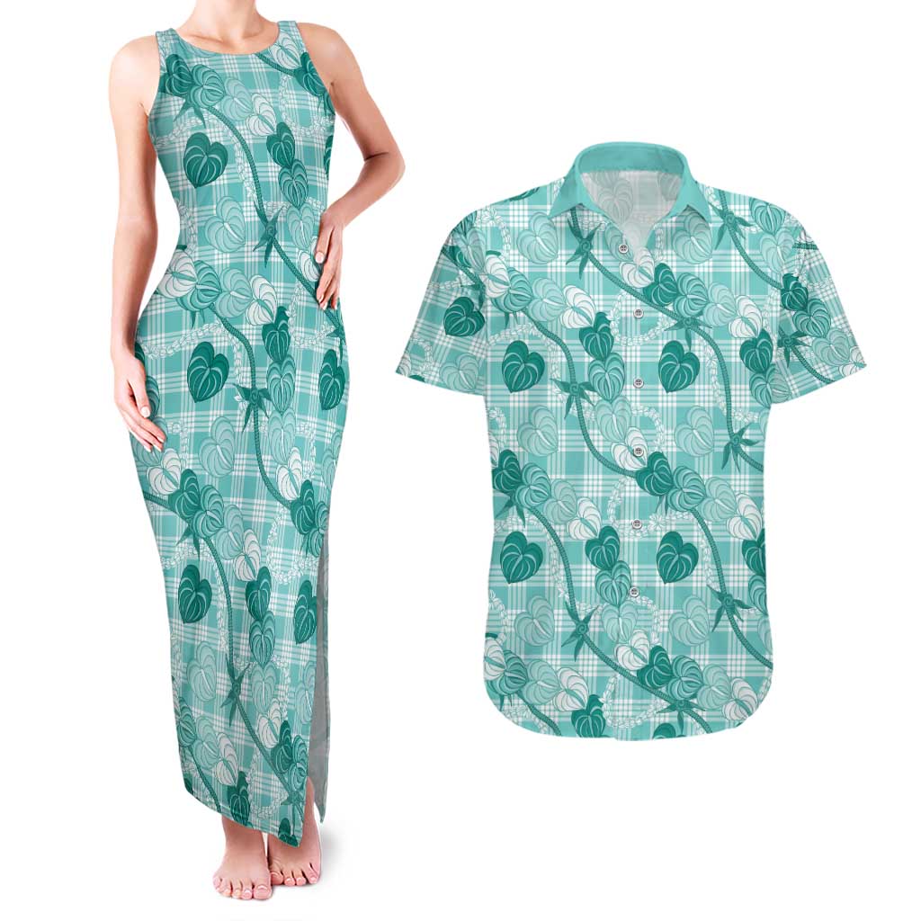 Anthurium Pikake Ti Leaf Palaka Couples Matching Tank Maxi Dress and Hawaiian Shirt Turquoise Version
