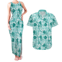 Anthurium Pikake Ti Leaf Palaka Couples Matching Tank Maxi Dress and Hawaiian Shirt Turquoise Version