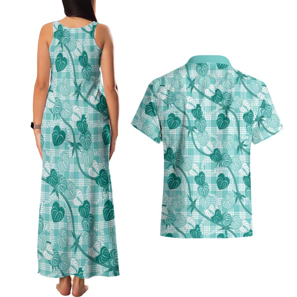 Anthurium Pikake Ti Leaf Palaka Couples Matching Tank Maxi Dress and Hawaiian Shirt Turquoise Version