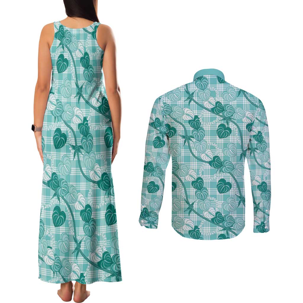 Anthurium Pikake Ti Leaf Palaka Couples Matching Tank Maxi Dress and Long Sleeve Button Shirt Turquoise Version LT01 - Polynesian Pride