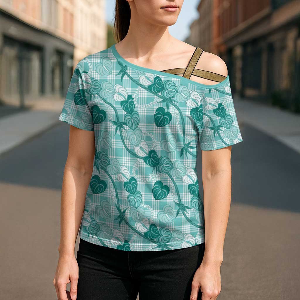 Anthurium Pikake Ti Leaf Palaka Cross Shoulder Shirt Turquoise Version LT01 - Polynesian Pride