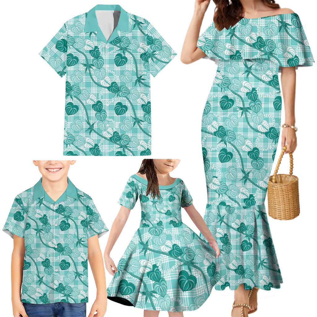 Anthurium Pikake Ti Leaf Palaka Family Matching Mermaid Dress and Hawaiian Shirt Turquoise Version LT01 - Polynesian Pride