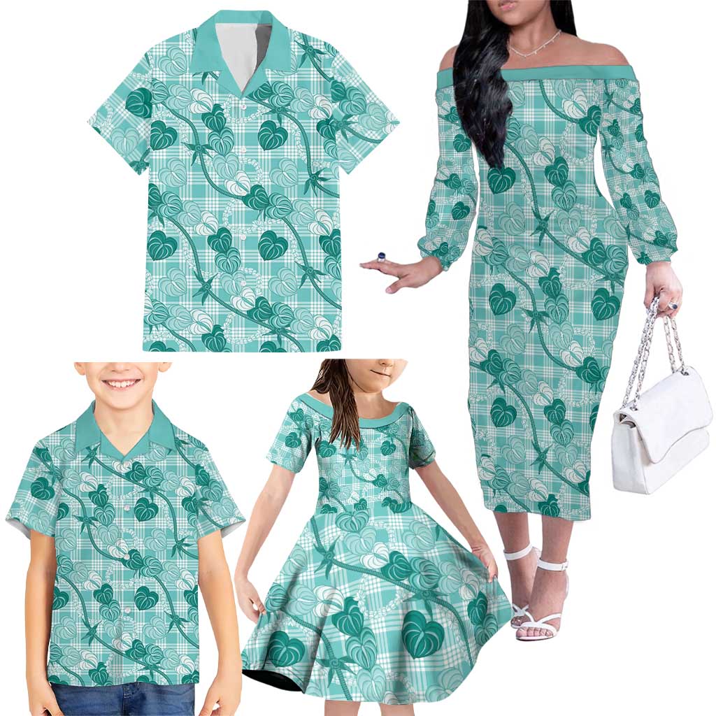 Anthurium Pikake Ti Leaf Palaka Family Matching Off The Shoulder Long Sleeve Dress and Hawaiian Shirt Turquoise Version