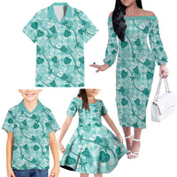 Anthurium Pikake Ti Leaf Palaka Family Matching Off The Shoulder Long Sleeve Dress and Hawaiian Shirt Turquoise Version