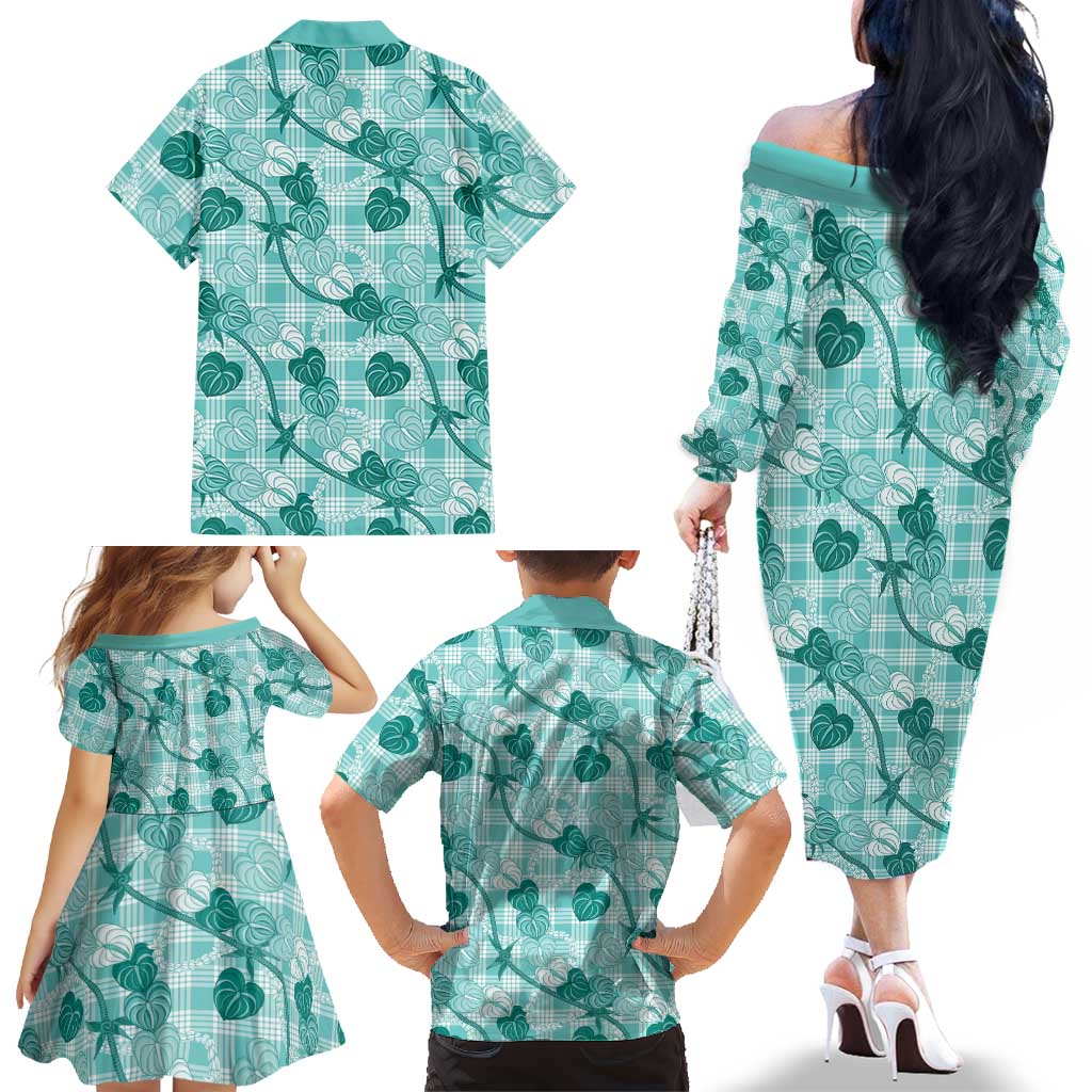 Anthurium Pikake Ti Leaf Palaka Family Matching Off The Shoulder Long Sleeve Dress and Hawaiian Shirt Turquoise Version