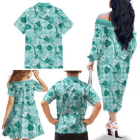 Anthurium Pikake Ti Leaf Palaka Family Matching Off The Shoulder Long Sleeve Dress and Hawaiian Shirt Turquoise Version