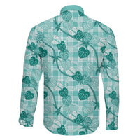 Anthurium Pikake Ti Leaf Palaka Family Matching Off The Shoulder Long Sleeve Dress and Hawaiian Shirt Turquoise Version
