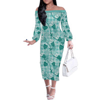 Anthurium Pikake Ti Leaf Palaka Family Matching Off The Shoulder Long Sleeve Dress and Hawaiian Shirt Turquoise Version