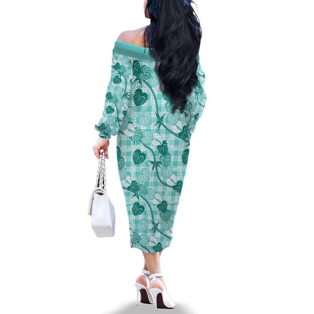 Anthurium Pikake Ti Leaf Palaka Family Matching Off The Shoulder Long Sleeve Dress and Hawaiian Shirt Turquoise Version
