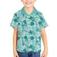 Anthurium Pikake Ti Leaf Palaka Family Matching Off The Shoulder Long Sleeve Dress and Hawaiian Shirt Turquoise Version