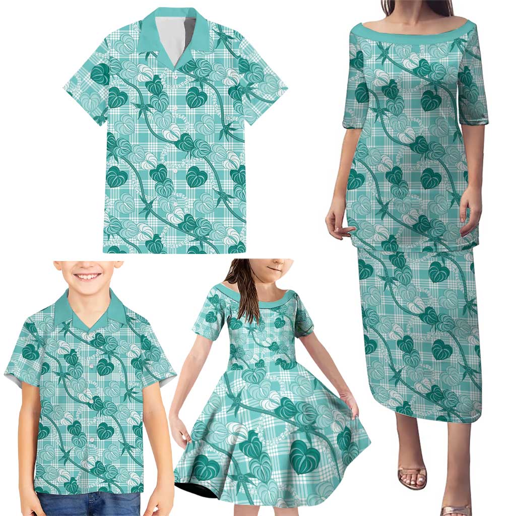 Anthurium Pikake Ti Leaf Palaka Family Matching Puletasi and Hawaiian Shirt Turquoise Version LT01 - Polynesian Pride