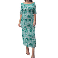 Anthurium Pikake Ti Leaf Palaka Family Matching Puletasi and Hawaiian Shirt Turquoise Version LT01 Mom's Dress Turquoise - Polynesian Pride