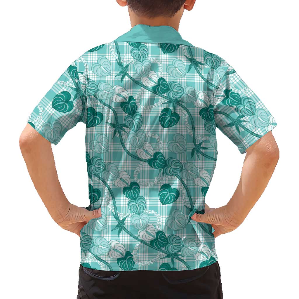 Anthurium Pikake Ti Leaf Palaka Family Matching Short Sleeve Bodycon Dress and Hawaiian Shirt Turquoise Version