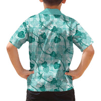Anthurium Pikake Ti Leaf Palaka Family Matching Short Sleeve Bodycon Dress and Hawaiian Shirt Turquoise Version