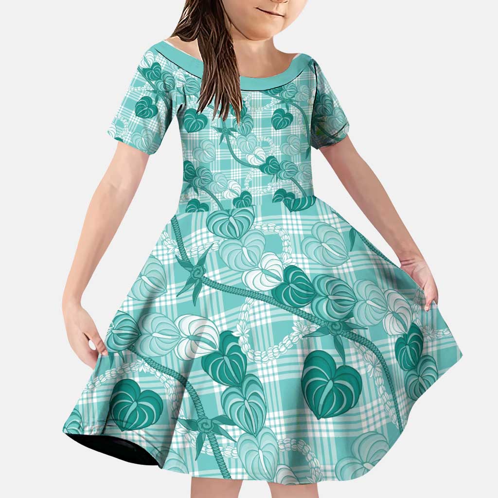 Anthurium Pikake Ti Leaf Palaka Family Matching Short Sleeve Bodycon Dress and Hawaiian Shirt Turquoise Version