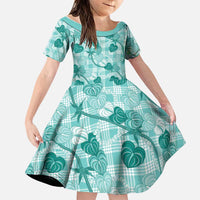 Anthurium Pikake Ti Leaf Palaka Family Matching Short Sleeve Bodycon Dress and Hawaiian Shirt Turquoise Version