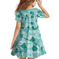Anthurium Pikake Ti Leaf Palaka Family Matching Short Sleeve Bodycon Dress and Hawaiian Shirt Turquoise Version