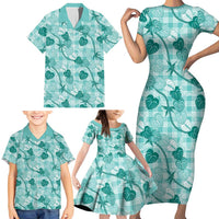 Anthurium Pikake Ti Leaf Palaka Family Matching Short Sleeve Bodycon Dress and Hawaiian Shirt Turquoise Version
