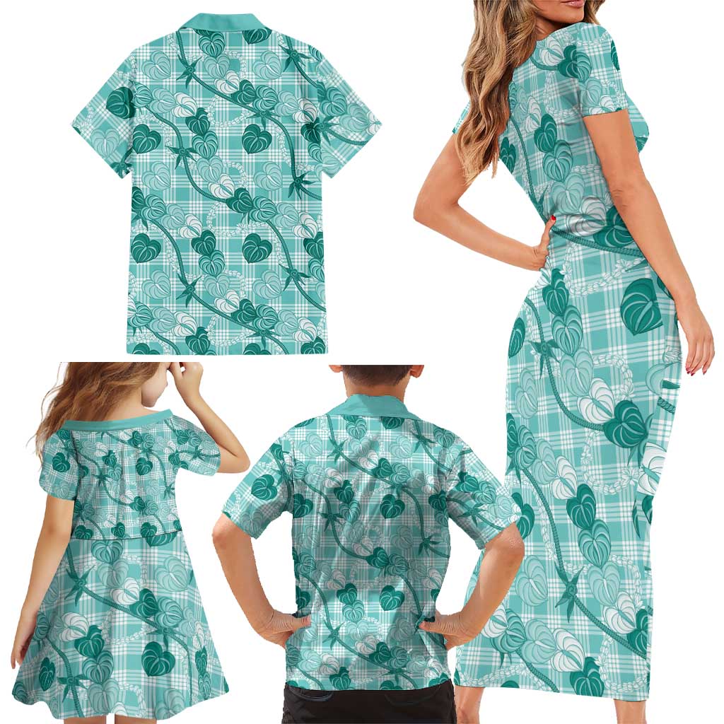 Anthurium Pikake Ti Leaf Palaka Family Matching Short Sleeve Bodycon Dress and Hawaiian Shirt Turquoise Version