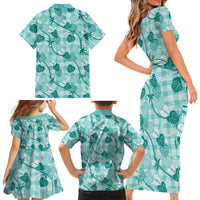 Anthurium Pikake Ti Leaf Palaka Family Matching Short Sleeve Bodycon Dress and Hawaiian Shirt Turquoise Version