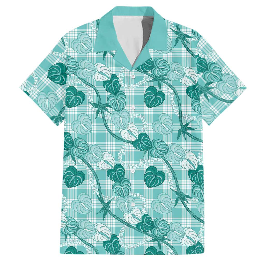 Anthurium Pikake Ti Leaf Palaka Family Matching Short Sleeve Bodycon Dress and Hawaiian Shirt Turquoise Version