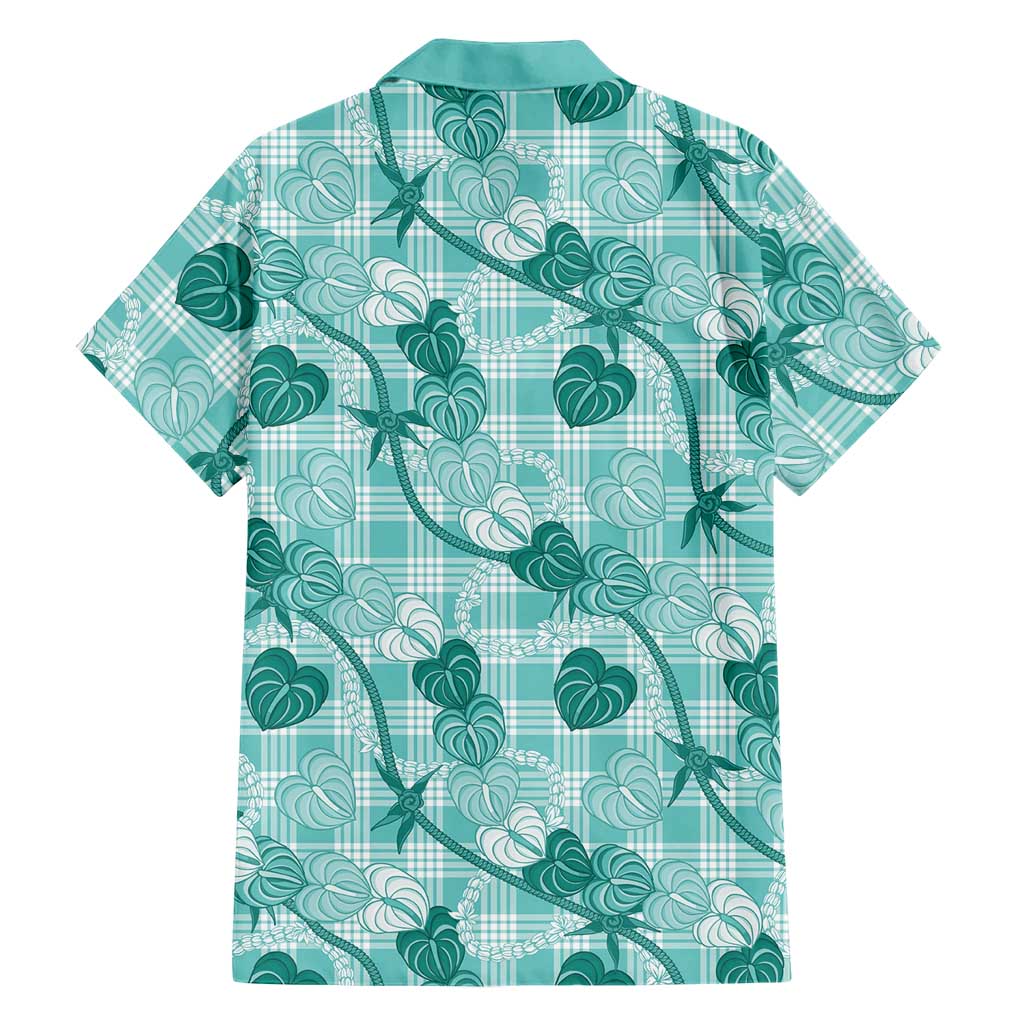 Anthurium Pikake Ti Leaf Palaka Family Matching Short Sleeve Bodycon Dress and Hawaiian Shirt Turquoise Version