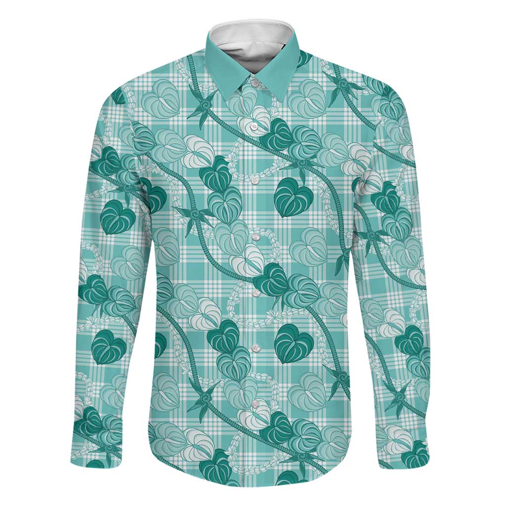 Anthurium Pikake Ti Leaf Palaka Family Matching Short Sleeve Bodycon Dress and Hawaiian Shirt Turquoise Version