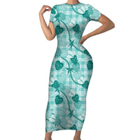 Anthurium Pikake Ti Leaf Palaka Family Matching Short Sleeve Bodycon Dress and Hawaiian Shirt Turquoise Version