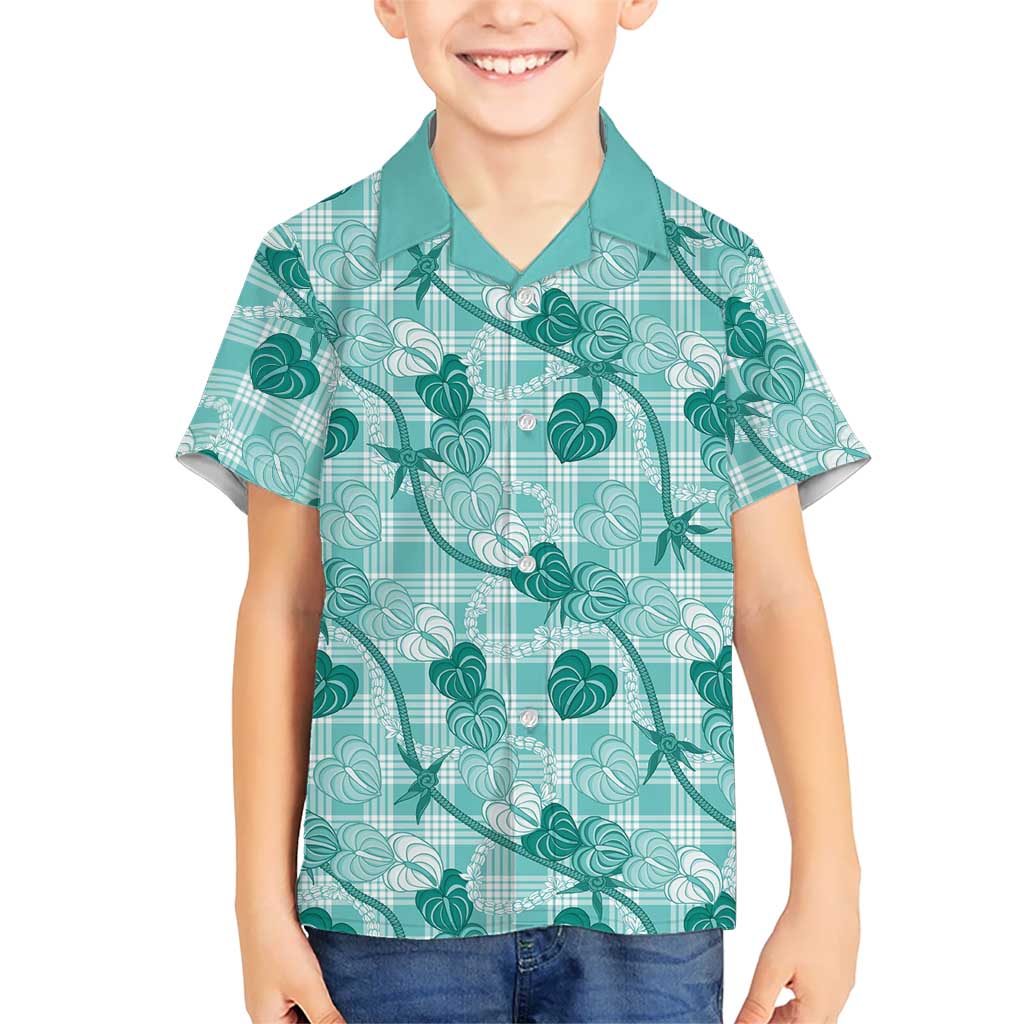 Anthurium Pikake Ti Leaf Palaka Family Matching Short Sleeve Bodycon Dress and Hawaiian Shirt Turquoise Version