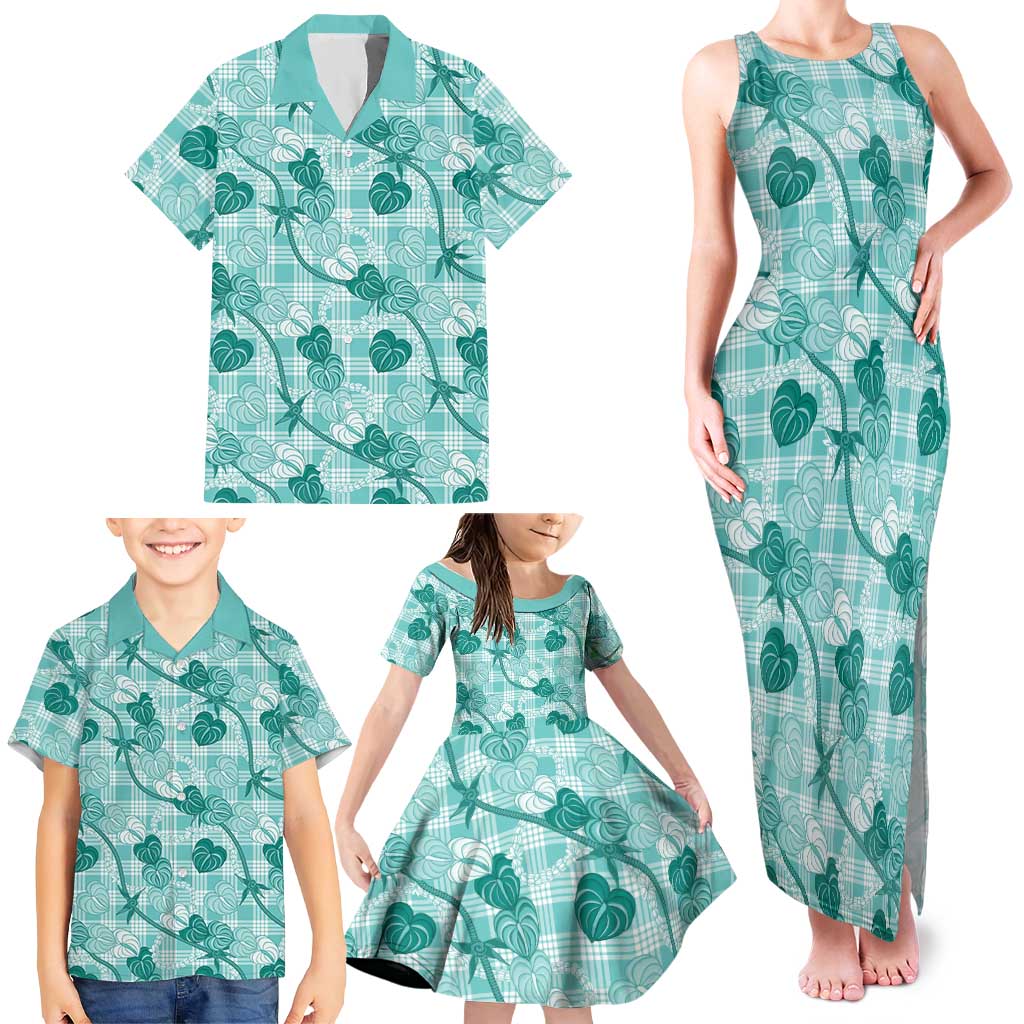 Anthurium Pikake Ti Leaf Palaka Family Matching Tank Maxi Dress and Hawaiian Shirt Turquoise Version LT01 - Polynesian Pride
