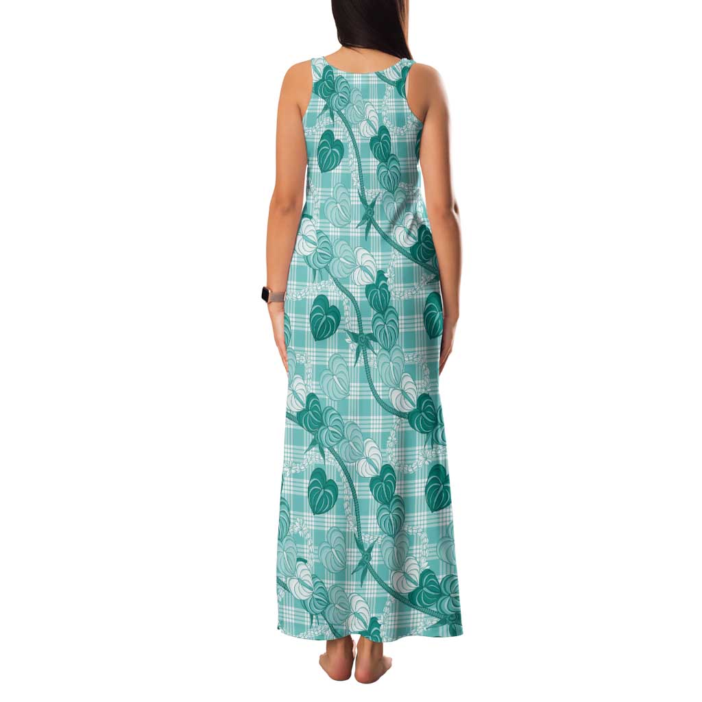 Anthurium Pikake Ti Leaf Palaka Family Matching Tank Maxi Dress and Hawaiian Shirt Turquoise Version LT01 - Polynesian Pride