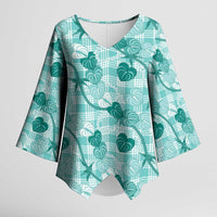 Anthurium Pikake Ti Leaf Palaka Kimono Sleeve Blouse Turquoise Version LT01 Female Turquoise - Polynesian Pride