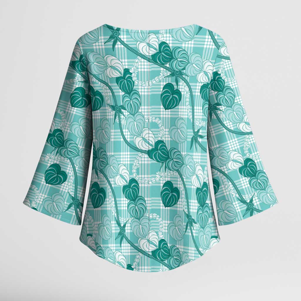 Anthurium Pikake Ti Leaf Palaka Kimono Sleeve Blouse Turquoise Version LT01 - Polynesian Pride